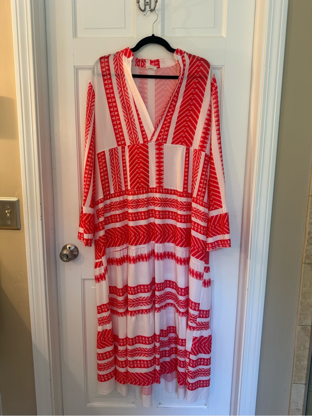 Red & White Patterned Maxi Dress with V-Neck